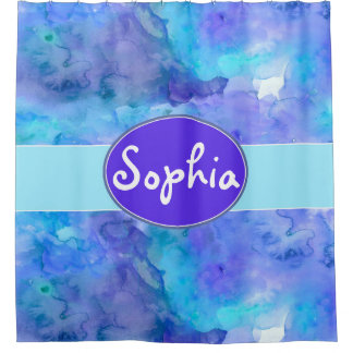 Rideaux De Douche Aquarelle Personnalisée Nom du monogramme Turquois