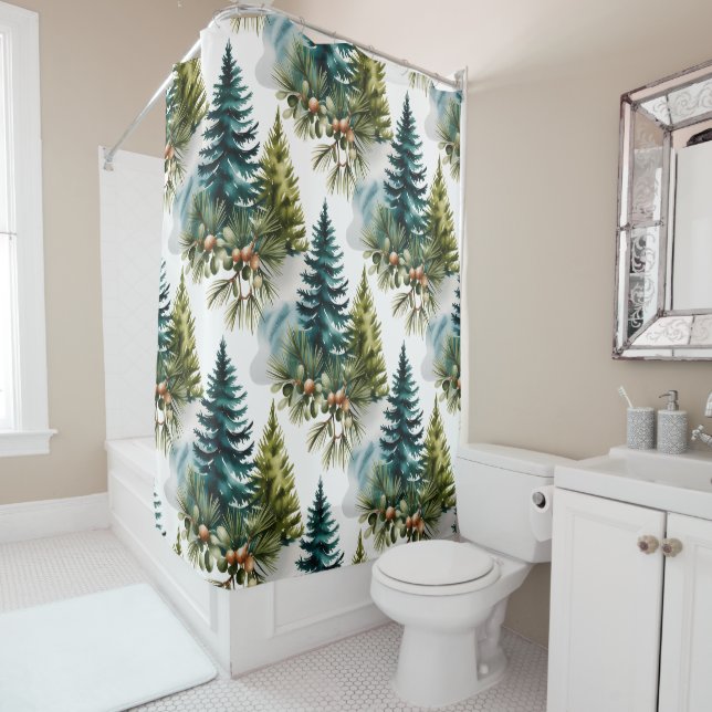 Rideaux De Douche Aquarelle Pine Motif Elégant hiver (En situation)