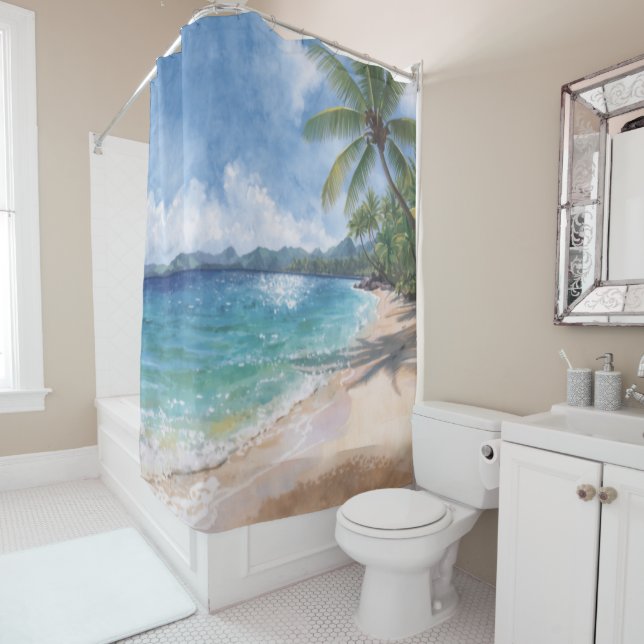 Rideaux De Douche Aquarelle Plage Hawaï (En situation)