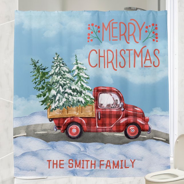 Rideaux De Douche Aquarelle Plaid Red Truck Snow Famille Noël (Watercolor Plaid Red Truck Snow Family Christmas Shower Curtain)
