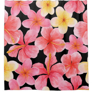 Rideaux De Douche Aquarelle Plumeria Hibiscus Fleurs Motif