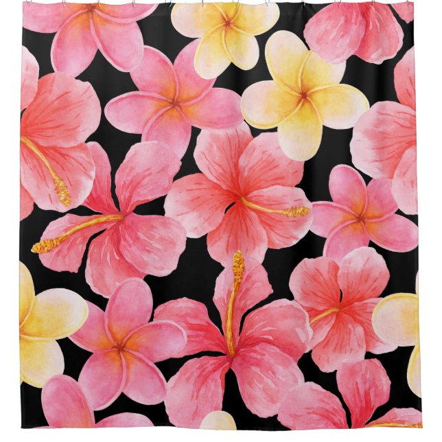 Rideaux De Douche Aquarelle Plumeria Hibiscus Fleurs Motif (Devant)