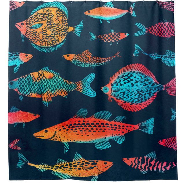 Rideaux De Douche Aquarelle Poissons : Bleu Profond Sans Mer (Devant)
