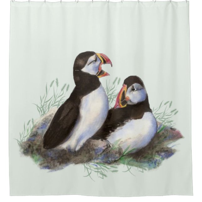 Rideaux De Douche Aquarelle Puffin Bird Family Light Terre verte (Devant)