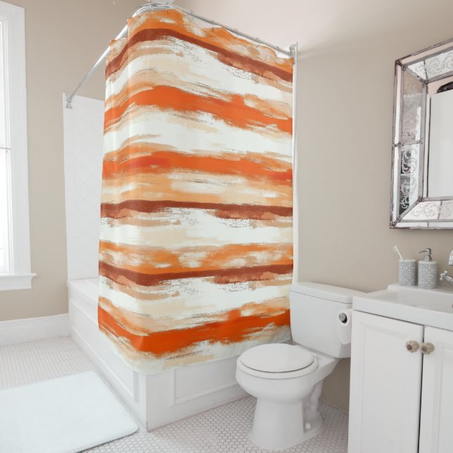 Rideaux De Douche Aquarelle rayée dans les tons café et orange (En situation)