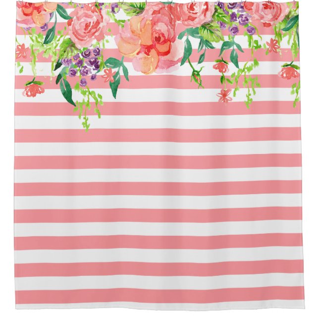 Rideaux De Douche Aquarelle rayée Floral Roses Lavande violet (Devant)