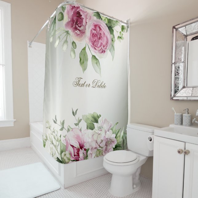 Rideaux De Douche Aquarelle rose cadre floral brillant Bronze élégan (En situation)