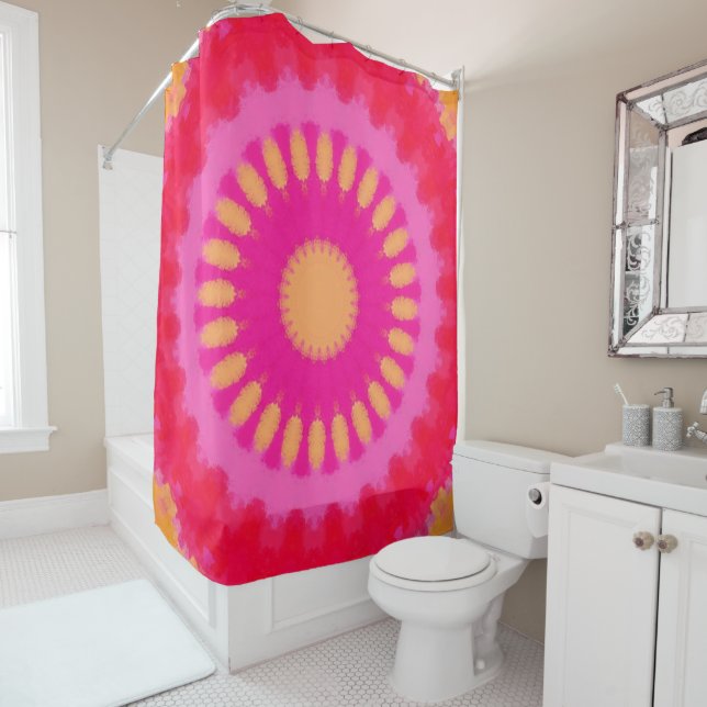 Rideaux De Douche Aquarelle rose et orange Mandala (En situation)