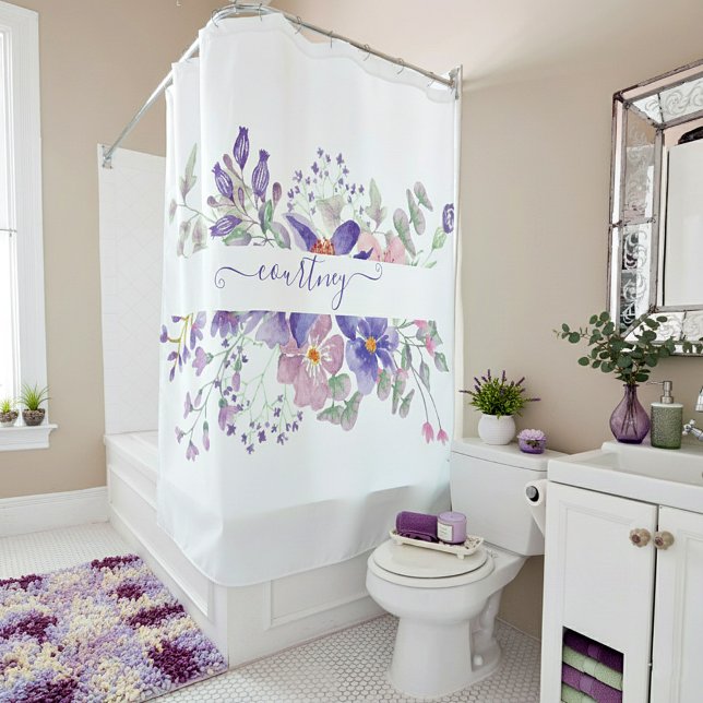 Rideaux De Douche Aquarelle rose et violet florale personnalisée (Créateur téléchargé)