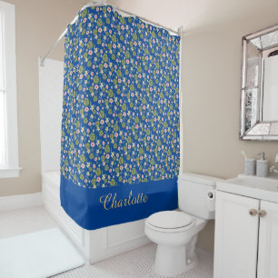 Rideaux De Douche Aquarelle rose floral élégant nom bleu profond