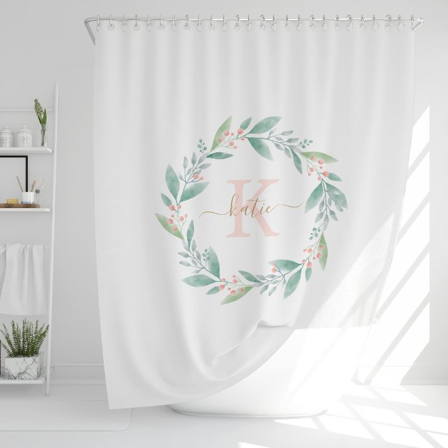Rideaux De Douche Aquarelle rose Floral Wreath Monogramme (Créateur téléchargé)