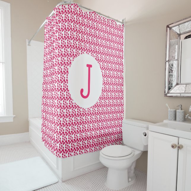 Rideaux De Douche Aquarelle rose Magenta Spots Monogramme personnali (En situation)