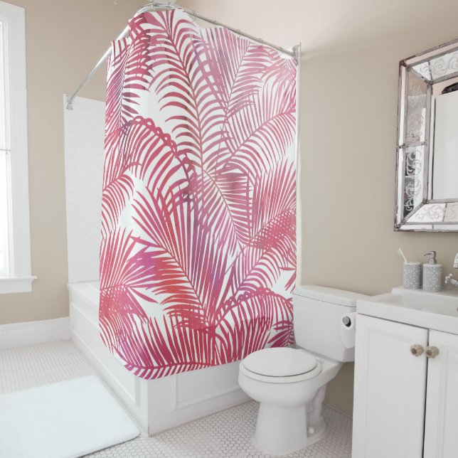 Rideaux De Douche Aquarelle rose moderne palmier tropical feuilles  (En situation)