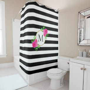 Rideaux De Douche Aquarelle rose noire de couleur noire Monogramme f