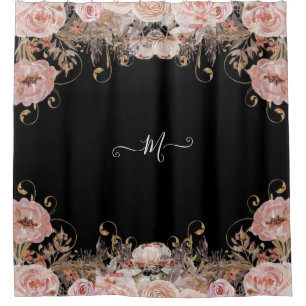 Rideaux De Douche Aquarelle rose noire monogramme Vintage