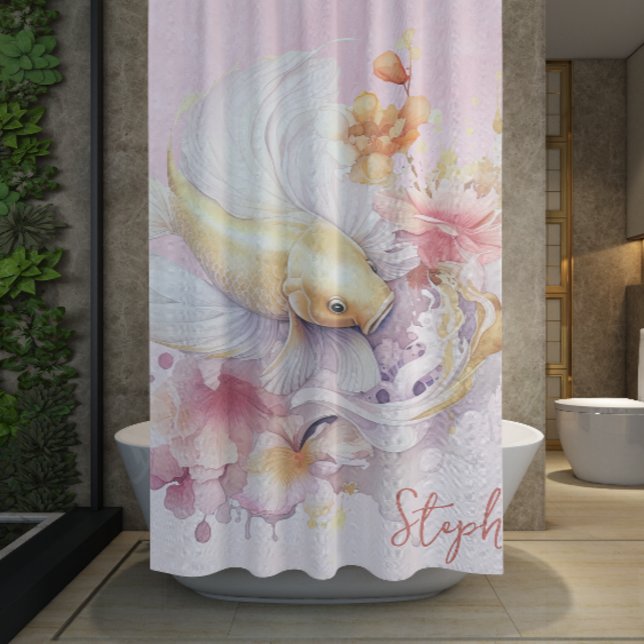 Rideaux De Douche Aquarelle rose or Koi poisson floral personnalisé (Pink Watercolor Gold Koi Fish Floral Personalized Shower Curtain)