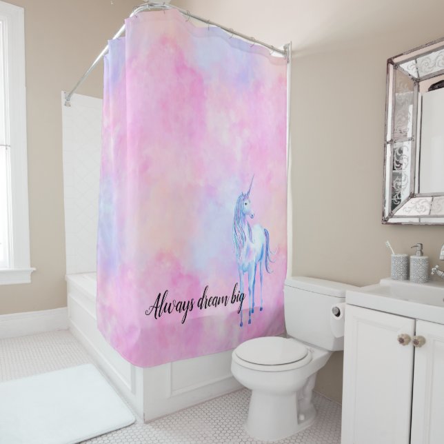 Rideaux De Douche Aquarelle rose Purple Unicorne (En situation)