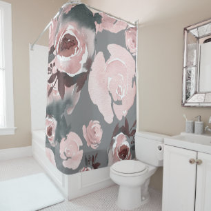 Rideaux De Douche Aquarelle rose Rose Gris Charbon Floral