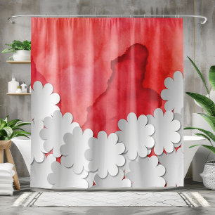 Rideaux De Douche Aquarelle rouge et fleurs blanches