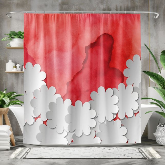 Rideaux De Douche Aquarelle rouge et fleurs blanches (Créateur téléchargé)