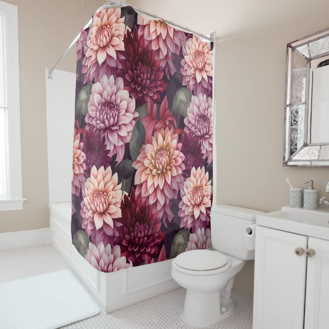 Rideaux De Douche Aquarelle Rouge rose Dahlia Motif Design (En situation)