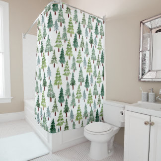 Rideaux De Douche Aquarelle Russe Pine d'hiver Motif de la forêt 