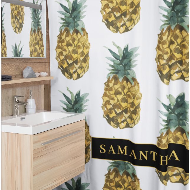 Rideaux De Douche Aquarelle tropicale Motif ananas avec nom (Créateur téléchargé)