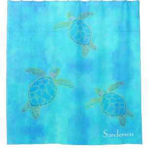 Rideaux De Douche Aquarelle tropicale Tortue côtière Aqua Blue  