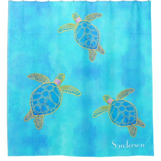 Rideaux De Douche Aquarelle tropicale Tortue côtière Aqua Blue (Devant)