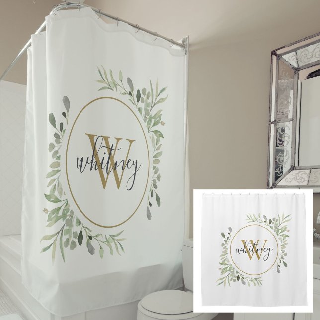 Rideaux De Douche Aquarelle Verdure Or Monogramme Chic Script (Watercolor Greenery Gold Monogram Chic Script Shower Curtain)