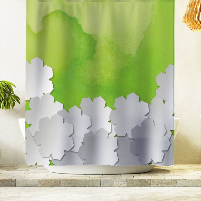 Rideaux De Douche Aquarelle verte et fleurs blanches (Créateur téléchargé)