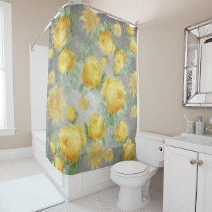 Rideaux De Douche Aquarelle vintage jaune et gris Floral