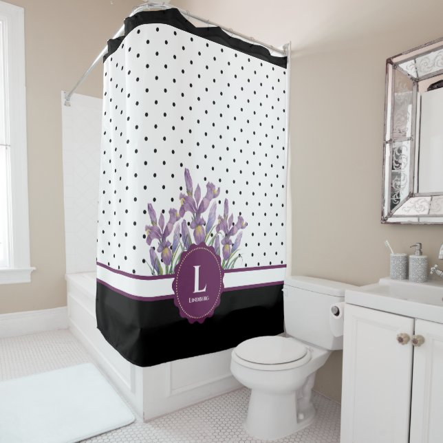 Rideaux De Douche Aquarelle violet Iris noir blanc Pois Show (En situation)