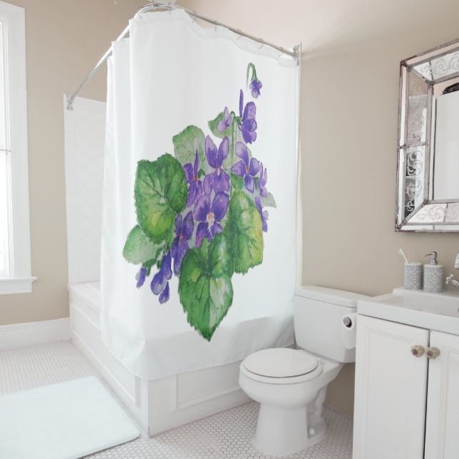 Rideaux De Douche Aquarelle Violet Violet Fleur Floral Art (En situation)