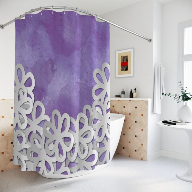 Rideaux De Douche Aquarelle violette et fleurs blanches (Créateur téléchargé)