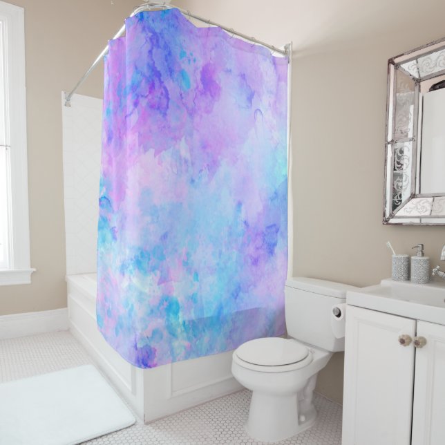 Rideaux De Douche Aquarelle violette et turquoise (En situation)