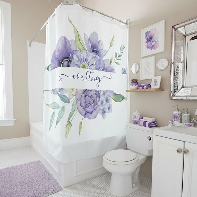 Rideaux De Douche Aquarelle violette florale personnalisée (Créateur téléchargé)