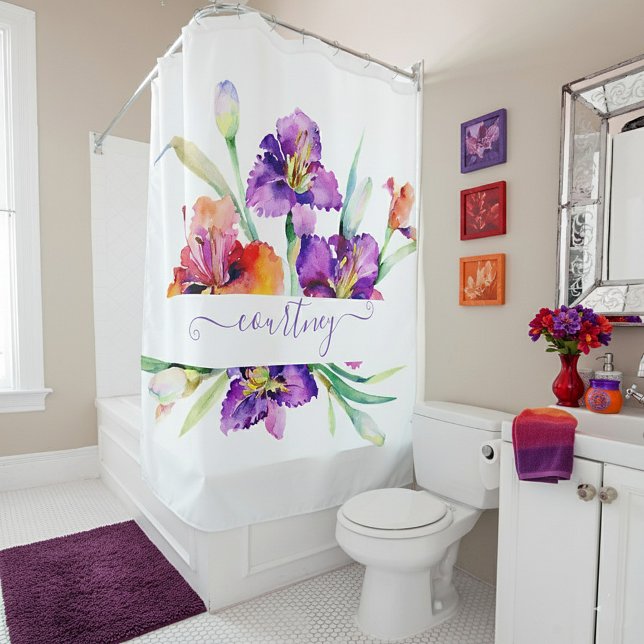 Rideaux De Douche Aquarelle violette Iris personnalisée (Créateur téléchargé)
