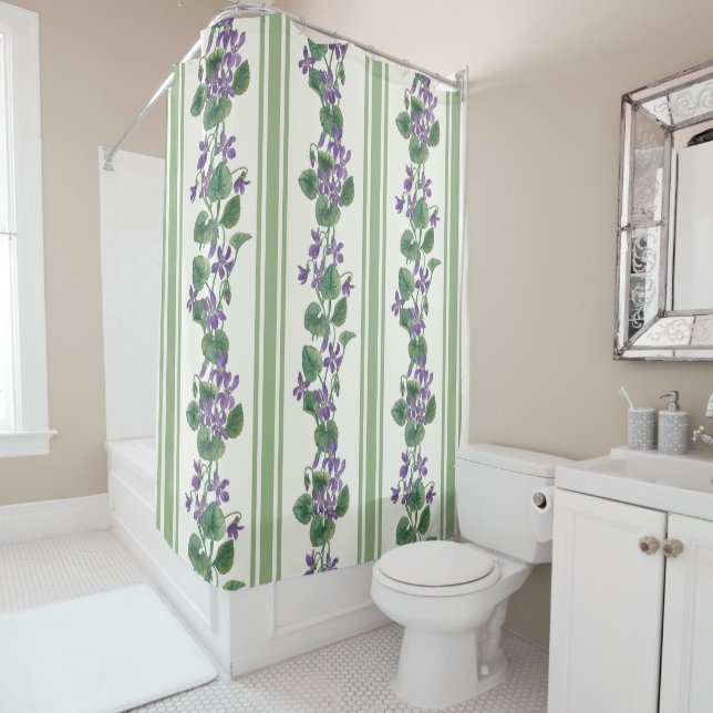 Rideaux De Douche Aquarelle violettes et rayures (En situation)
