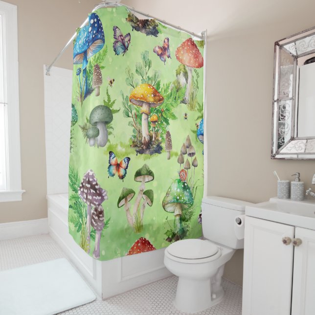 Rideaux De Douche Aquarelle Whimsical Mushroom Garden (En situation)
