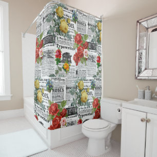 Rideaux De Douche * AR23 Rose Floral Flower Newsprint Vintage