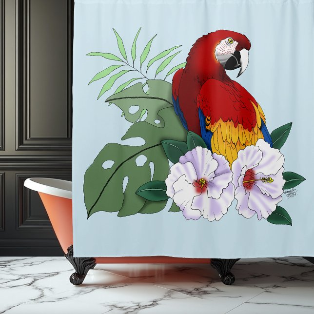 Rideaux De Douche Ara rouge Macaw Perroquet Tropical Blanc Hibiscus  (Créateur téléchargé)