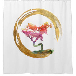 Rideaux De Douche Arbre de bonsaïs. Aquarelle Feng Shui de cercle