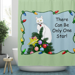 Rideaux De Douche Arbre de Noël drôle et festif Chat blanc drôle Ver