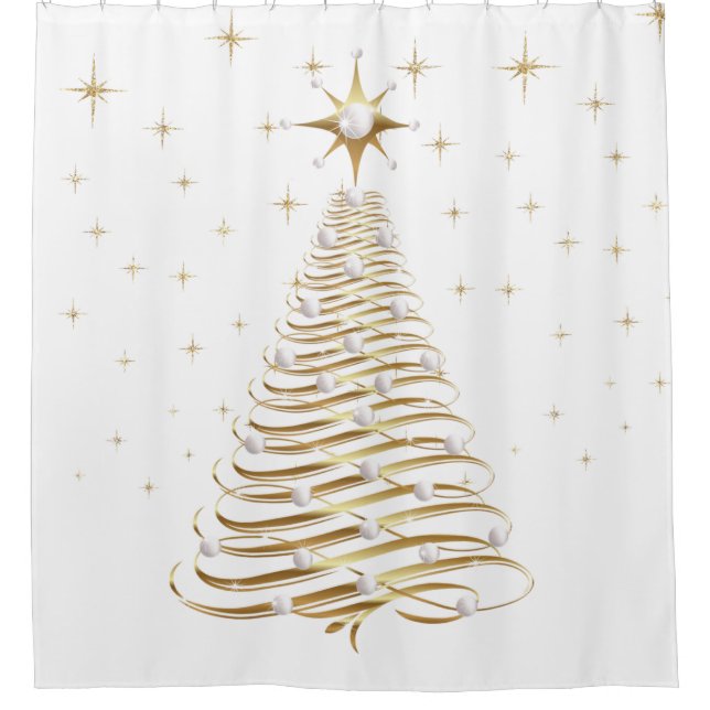 Rideaux De Douche Arbre de Noël Gold & Pearl en blanc (Devant)