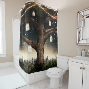 Rideaux De Douche Arbre de nuit rustique avec lumières et pots Mason