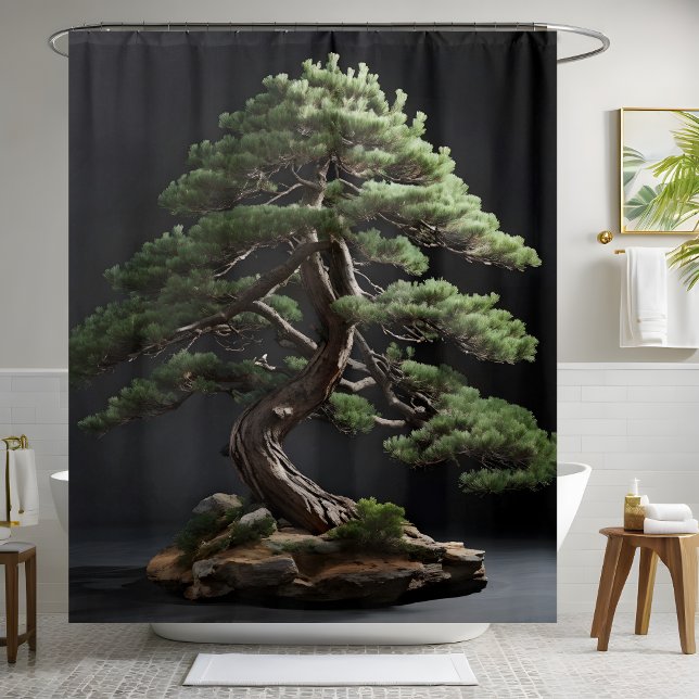 Rideaux De Douche Arbre de pin bonsaï cultivé dans un fond noir (Créateur téléchargé)