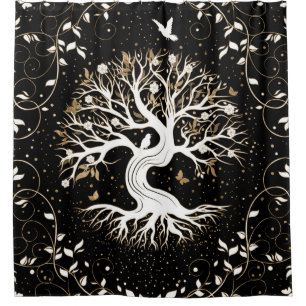 Rideaux De Douche Arbre de vie - Yggdrasil - noir blanc et or