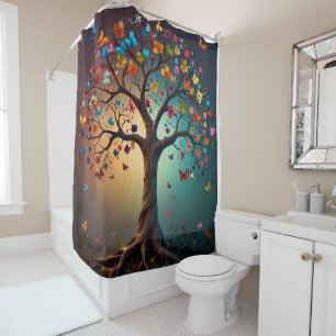 Rideaux De Douche Arbre en Fleur, Fleurs et papillons colorés