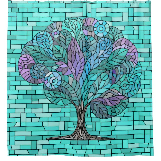 Rideaux De Douche Arbre mosaïque Art -Turquoise et violette (Devant)